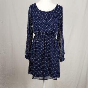 Everly Blue Polka Dot Long Sleeve Dress Knee Length
